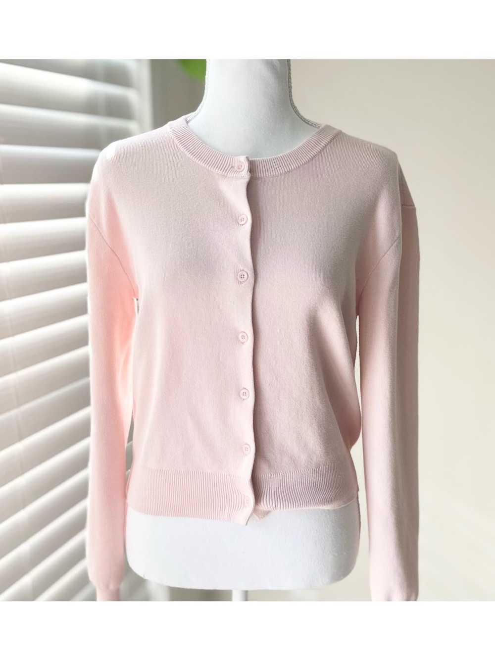 OAK + FORT Pale Pink Button-Up Crewneck Cardigan